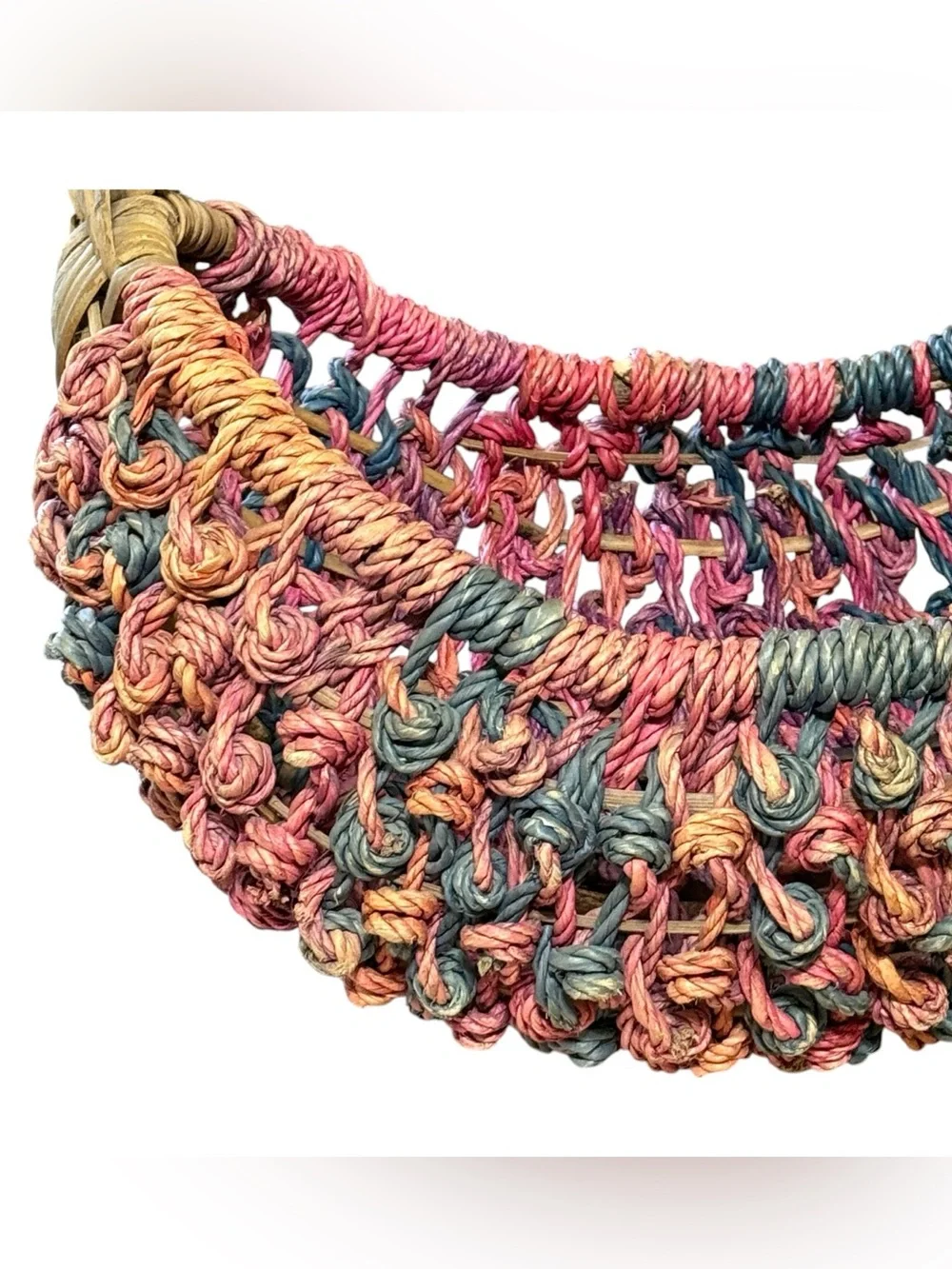 Large Colorful Woven Boho Boat Basket Pink Purple Teal and Tan  22” x 18” x 14”